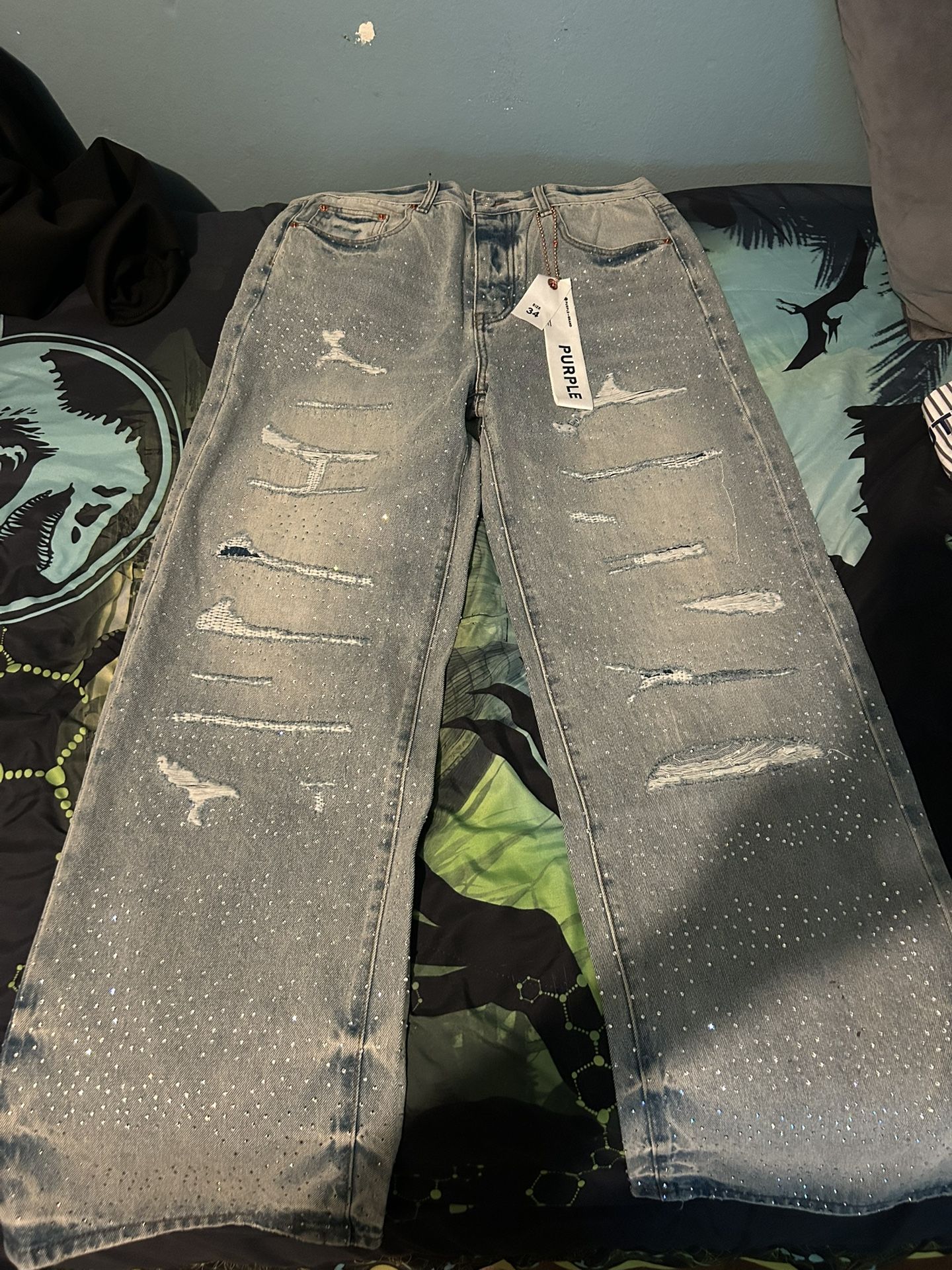 wide leg purple rhinestone jeans