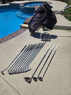 Complete set of gold clubs, ping ping 2 (black dot) , ping nelle putter, Taylor made burner divers, bag, cart