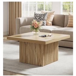 Square Coffee Table, 31.5-Inch Fluted Coffee Table, Mid-Century Modern Living Room Table