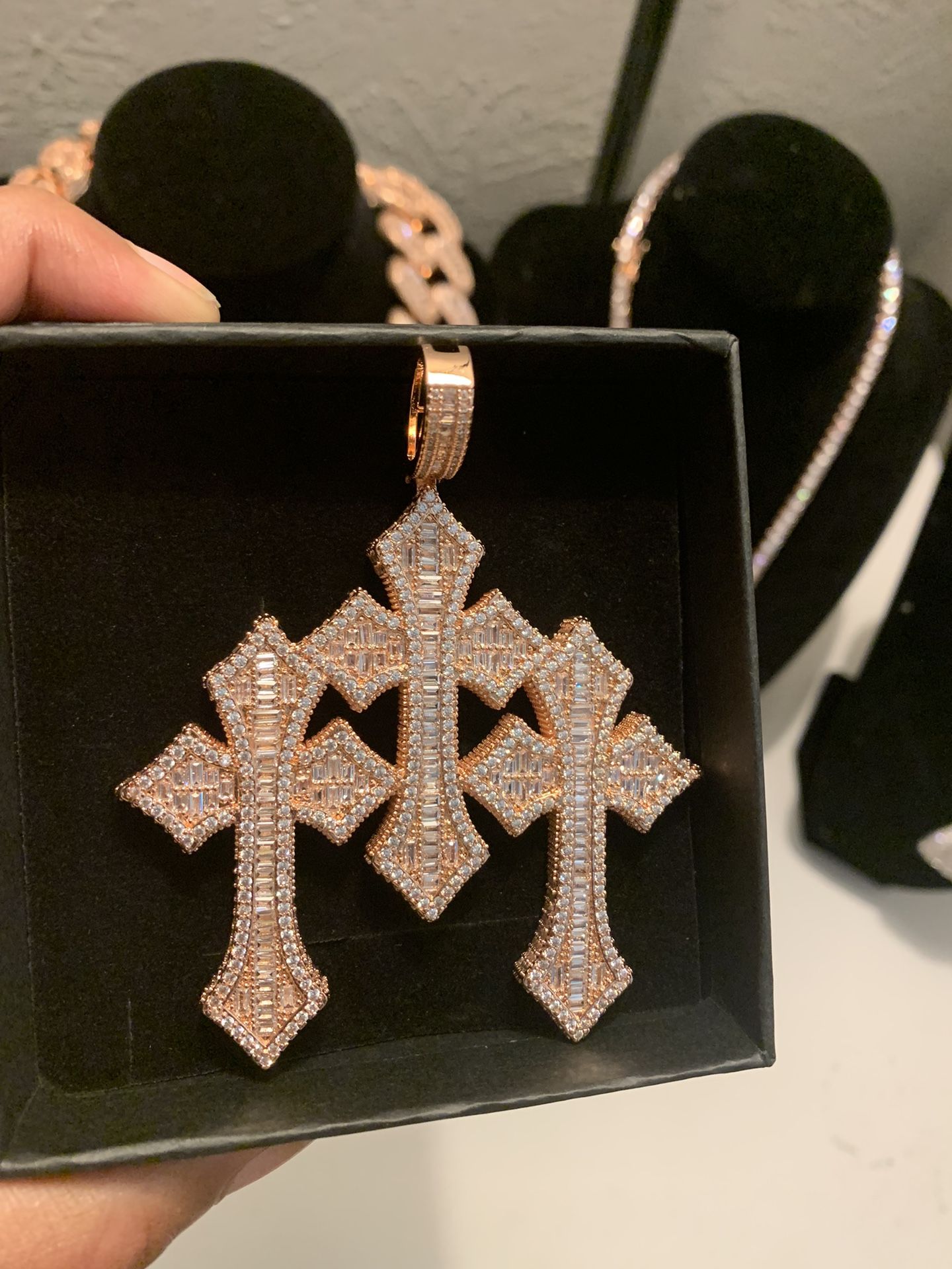 Beautiful Iced Out Rose Gold Triple Cross Pendant