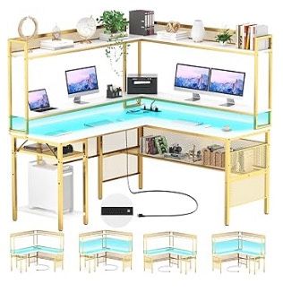 25$ White L shape Desk with LED LIGHTS