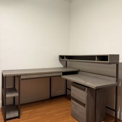 Modern L-Shaped Corner Desk w/ Hutch, Shelving, and Drawer Cabinet Color: Gray Oak / Weathered Wood Frame: Matte Black Metal Legs