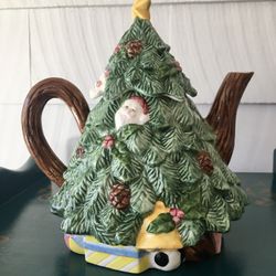 Ceramic Christmas Tree Teapot. Hand Painted. Nantucket 