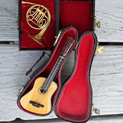 MINIATURE Guitar, Solid Brass French Horn, in Cases, Vintage