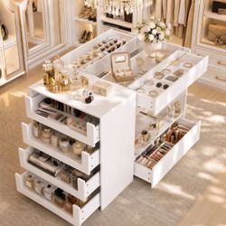 47.2" W 8-Drawer Dresser with Tempered Glass Top, Glass-Front Accessory Drawers & Open Shelves