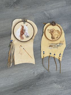 Vintage Southwestern Hand Painted by Maurice Locke on Deerskin Leather Horse and Bear Wall Hangings