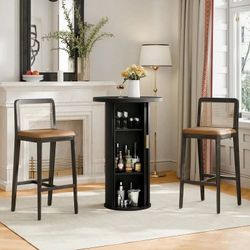 36" Tall Round Bar Table, Black Tambour Dining Table with Three-Layer Storage Shelf.