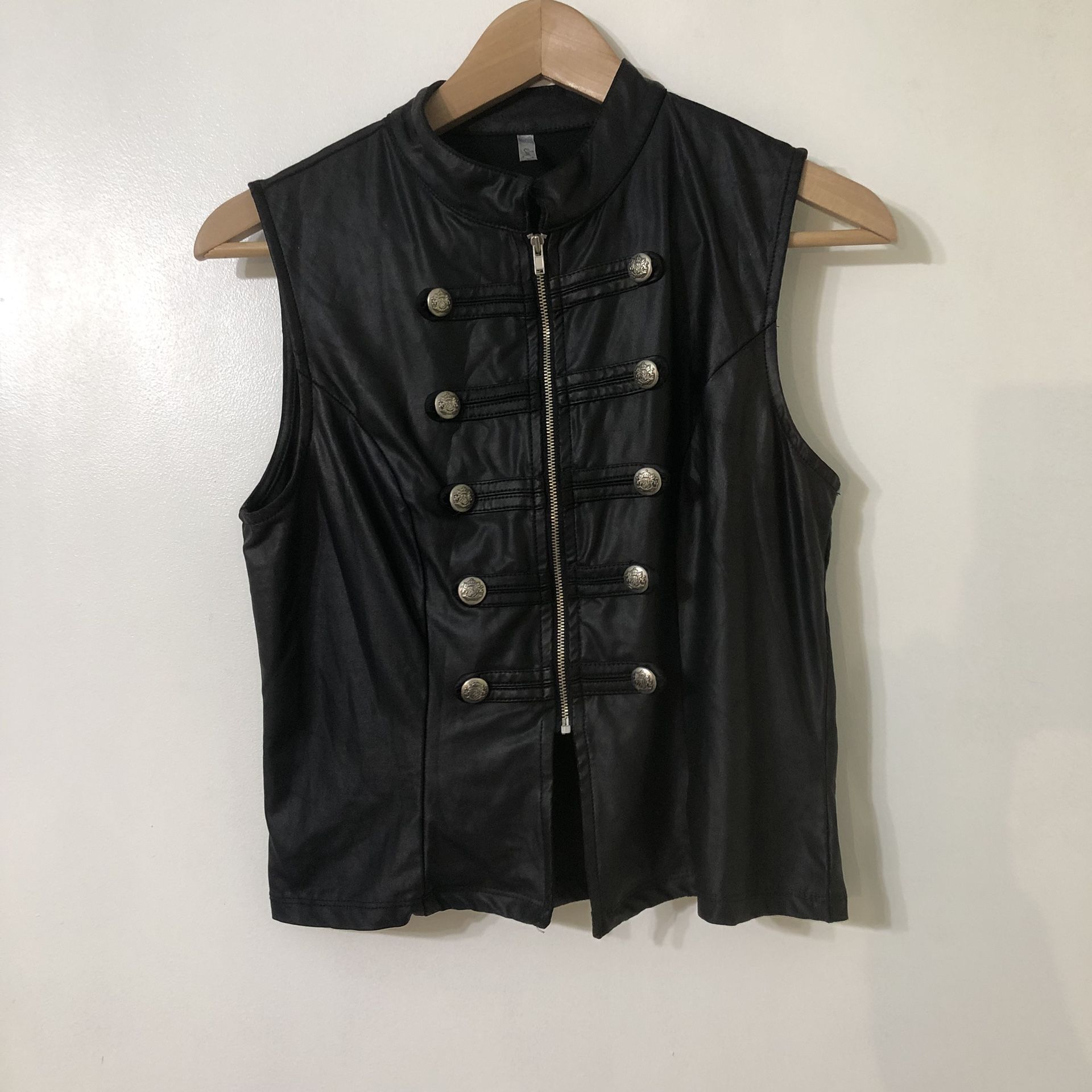 Women’s vests front zip up buttons designed faux leather sleeves less black M