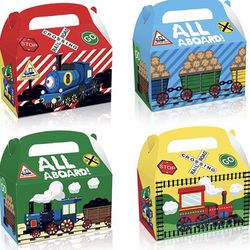 12 Pack Retro Train Party Treat Boxes Steam Train Theme Party Favor Treat Box All Aboard Pattern Cardboard Boxes with Handle for Baby shower Birthday 
