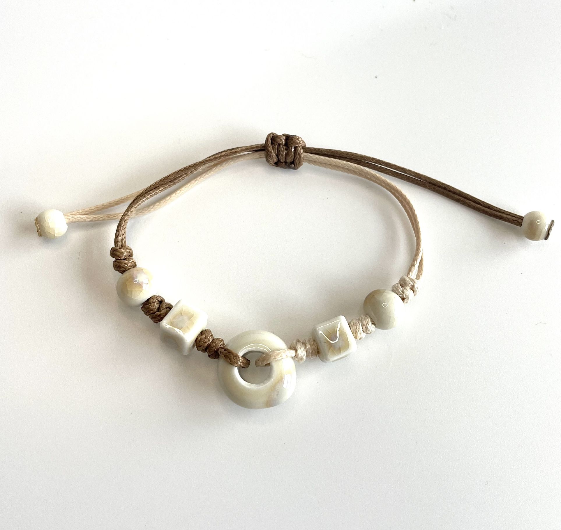 Ivory tan brown boho bracelet adjustable unique sm-xl size ceramic beaded