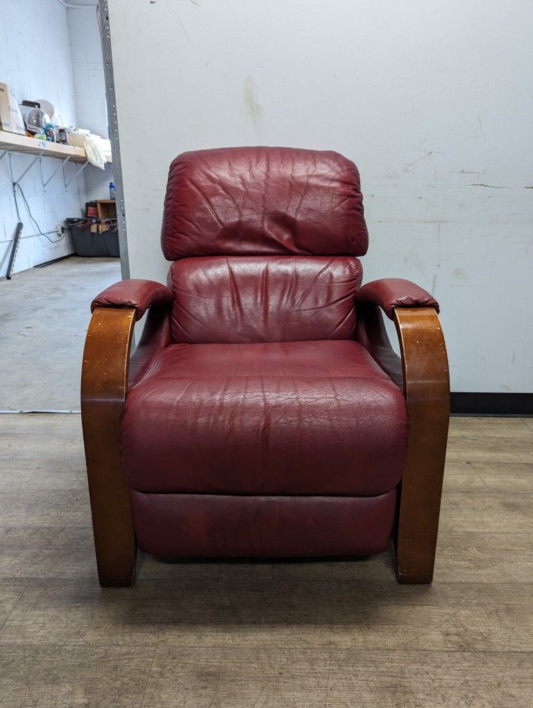 Contemporary Red Genuine Leather Recliner Chair with Wooden Arms