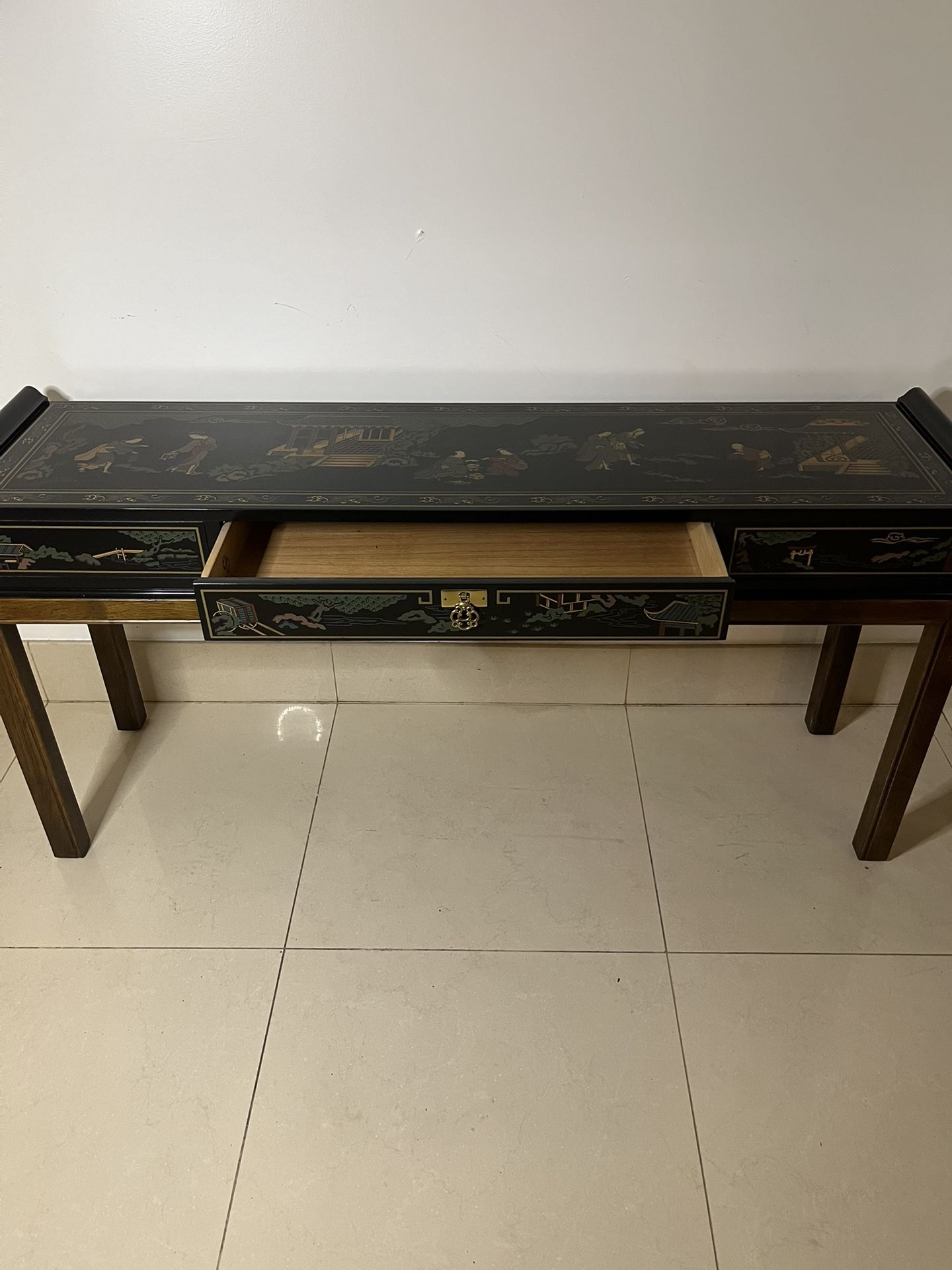 Chinoiserie Motif Hand Painted Drexel Heratige Black Lacquer Console / Sideboard Table with Drawer