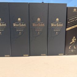 4 Johnnie Walker Blue & 1 Black Empty Bottles 