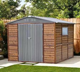 New in Box 8 ft. W x 8 ft. D Wood Outdoor Storage Brown Wood Shed Sloping Roof Double Lockable Doors