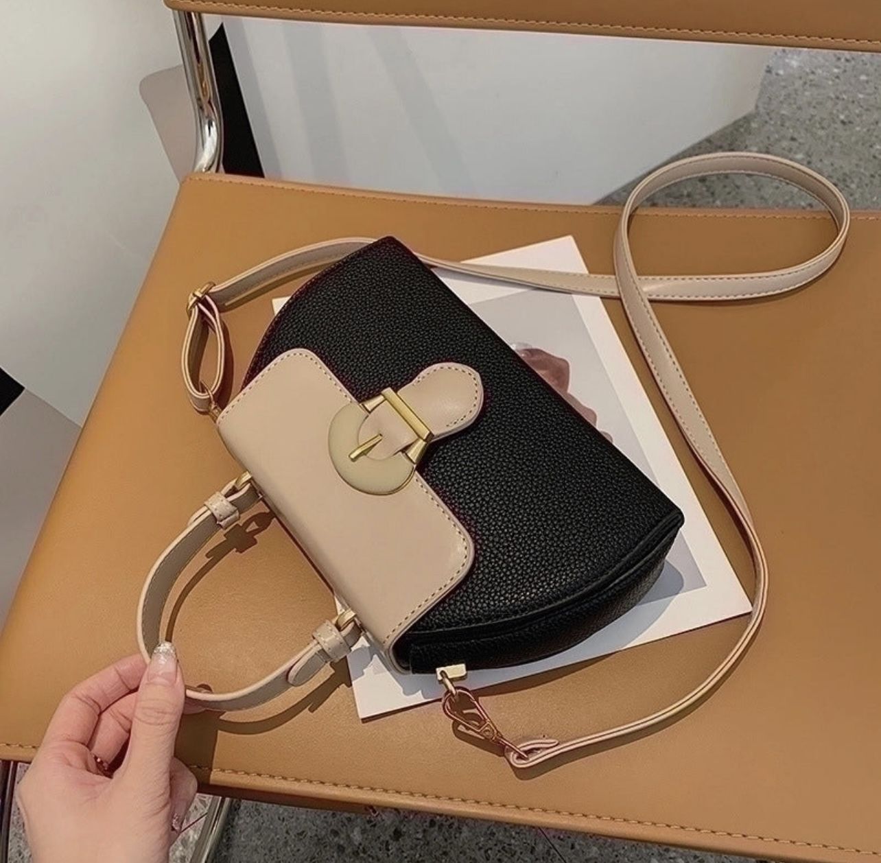 Women's Small Pu Leather Color Block Elegant Flip Cover Square Bag