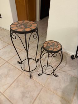 2 PIECE SET Charming Mosaic Tile Top Wrought Iron Side Table / Plant Stand
