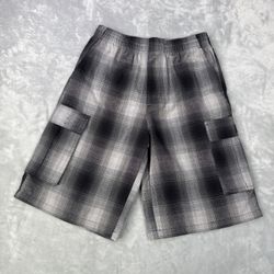 FB County Checker Shorts Mens Sz S Black Plaid Cargo Drawstring Casual 90s New