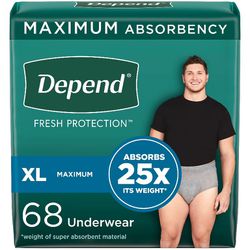 Depend Fresh Protection  Adult Incontinence Underwear for Men, Disposable, Grey, XL, 68 Count (54204)

