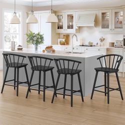 Bar Stools Set of 4, Black Farmhouse Barstools with Semicircular Backrest, Mid Century Modern Counter Height Bar Stools for Kitchen Island, 24 Inch