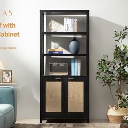 SICOTAS Bookshelf 5 Tier Book Shelf Rattan Boho Tall Bookcase with Doors Storage Wood Shelves Large Bookshelves Farmhouse Bookcases Book Case for Livi
