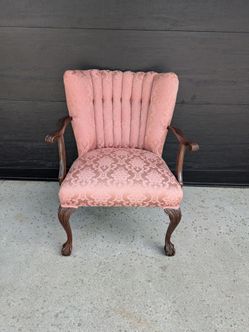 Vintage Pink Damask Armchair with Ball and Claw Feet