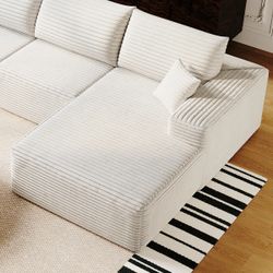 70” Ivory White Corduroy Chaise (Left Facing) High Density Foam Injected Sofa [NEW IN BOX] **Retails for $319