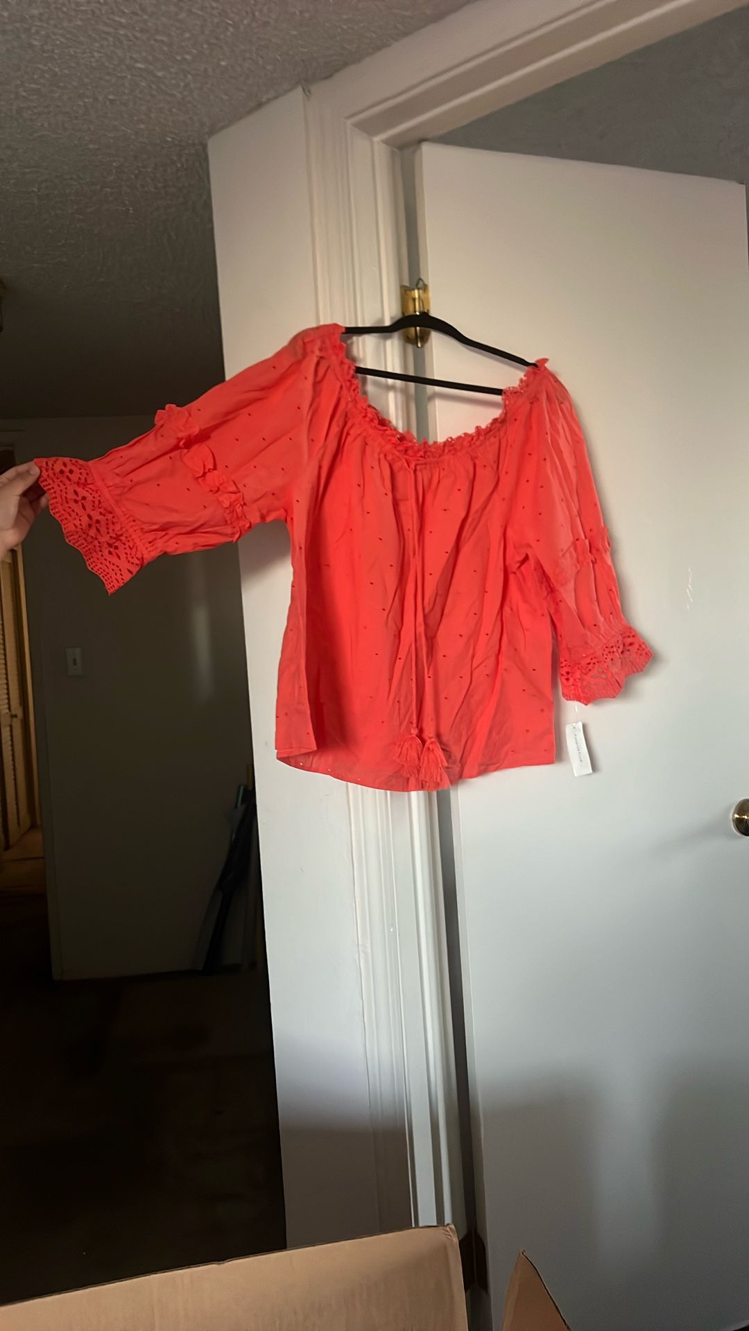 Coral Eyelet Blouse With Fringe Tassels