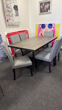 Dining Table Set with 6 Upholstered Chairs