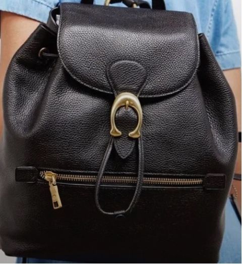 COACH Authentic Coach Evie Backpack 68380, Black Pebbled Leather, Front Zip Pocket