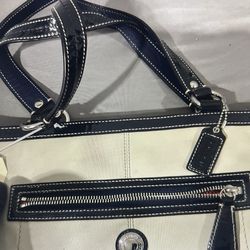 Coach Laura Leather Large Tote Shoulder Handbag F14887 Purse White /Navy