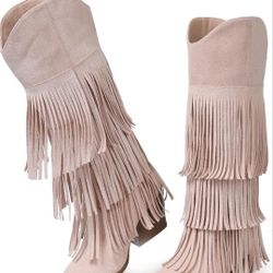 Brand New Size 7 Cowgirl Boots for Women Retro Pointed Toe Pull On Block Chunky Heel Fringe Country Concert Outfits Knee High Western Suede and Faux L