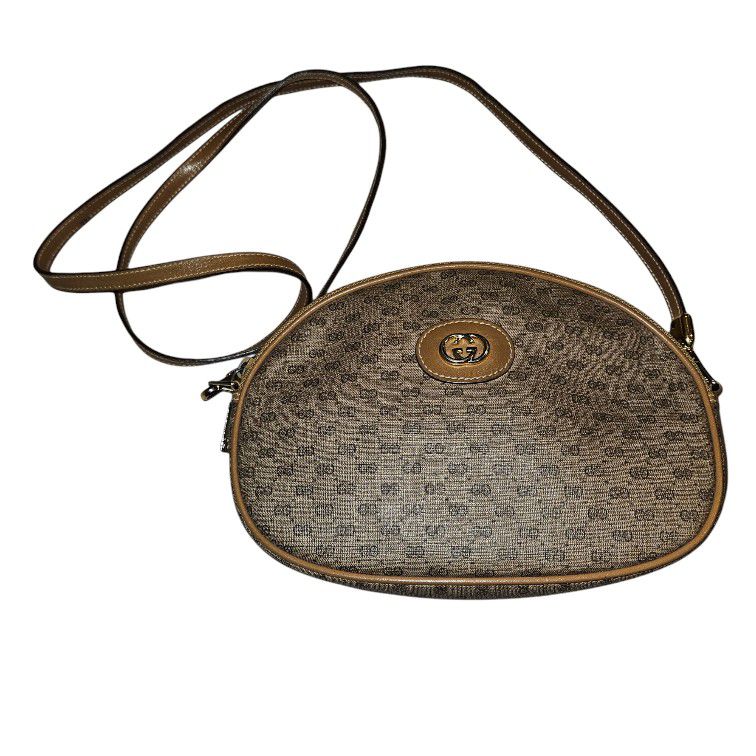 Vintage Gucci Womens Brown Taupe Monogram Coated Canvas Small Crossbody Bag COA