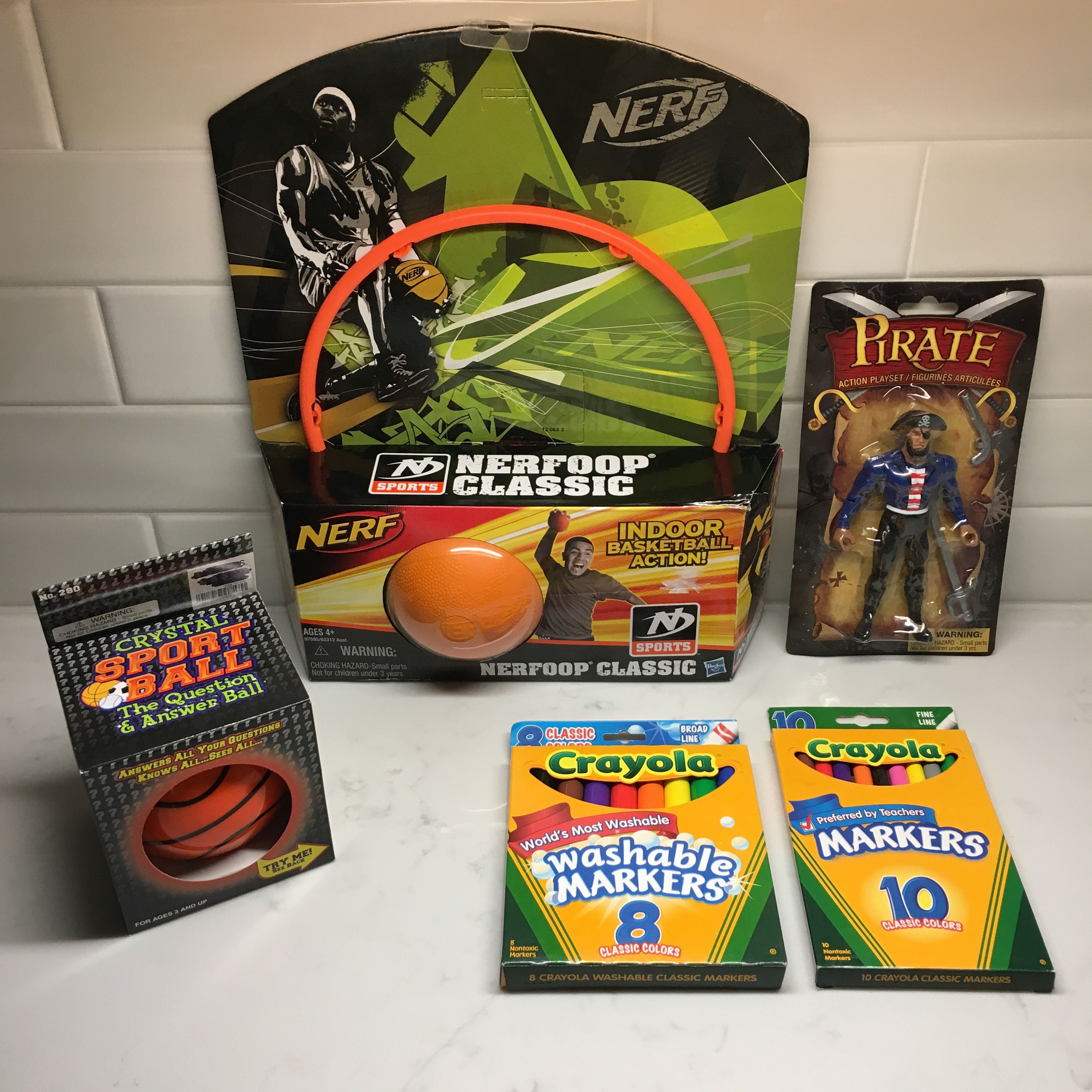 ALL for $5: NEW SEALED Kids Toys Bundle Nerf Basketball & Hoop, Sport Crystal Ball, Crayola Markers & Pirate Character Toy