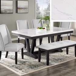 6 Piece Dining Set Brand New In Box Faux Marble Top Light Grey Chairs With Nailhead Trim Firm Price $720