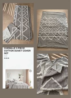 3-Piece Chenille Cotton Duvet Cover Set (Gray, Full/Queen Size) •In new condition•