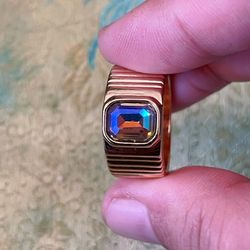 Vintage Gold Tone Rainbow Crystal Emerald Cut Cocktail Ring Size 7