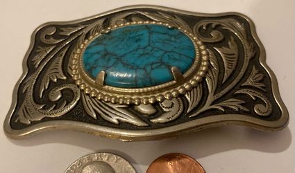 Vintage Metal Belt Buckle, Nice Big Blue Turquoise Stone, Nice Western Design, 3 1/2" x 2 1/2", Heavy Duty, Quality, Made in USA, Thick Metal, For Bel