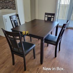 👻 Dining Set 5 Pcs, Brown Wood, Black Leather, New In The Box.