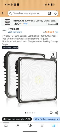 HYPERLITE 100W Canopy LED Lights: 14000LM 2-Pack IP65 Commercial Gas Station Lighting - Square Aluminum Industrial Heat Dissipation for Parking Garage