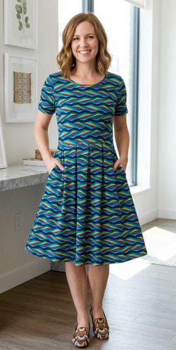 LuLaRoe Amelia Dress Large L – Retro Geometric Chevron Pleated A-Line Pocket