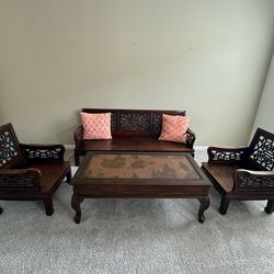 Antique Asian style hardwood chairs with coffee table