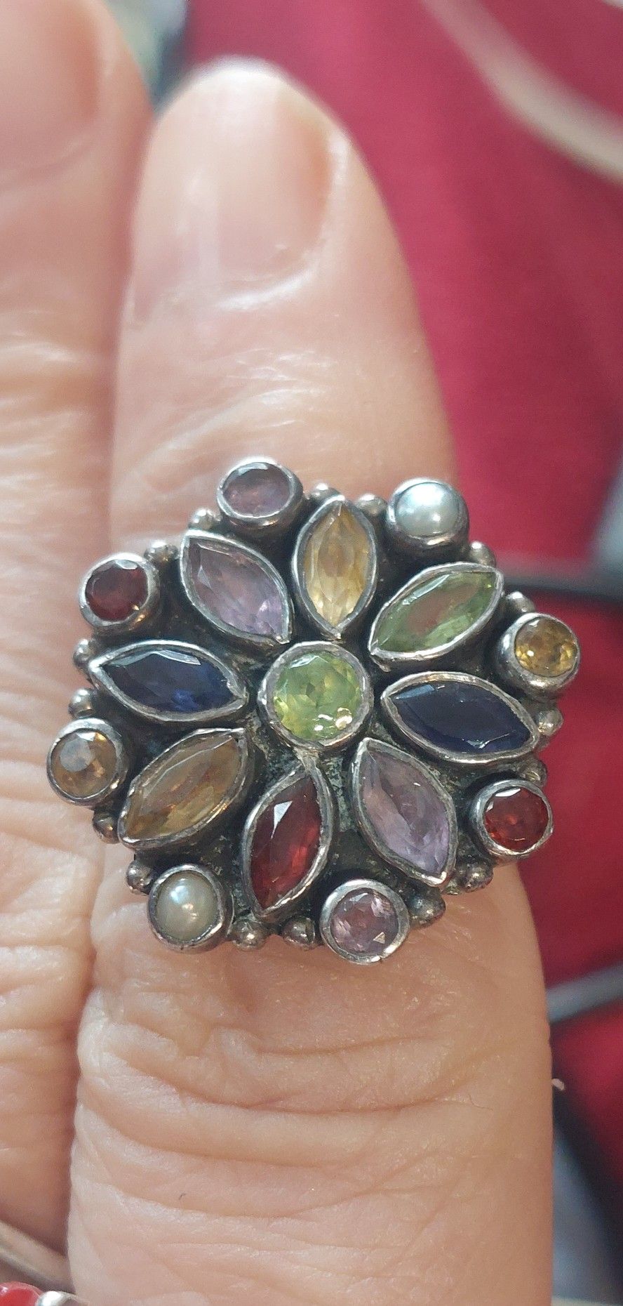 Multi Gemstone Sterling Silver Flower Ring Size 6