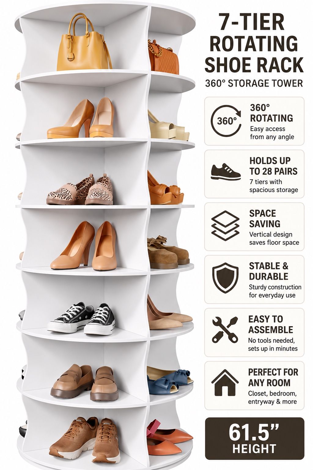 Rotating Shoe Rack 7 Tier 360° Shoe Storage Tower Holds 28 Pairs Black