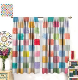 Retro Checkered Blackout Curtains Funny Cute Abstract Colorful Geometric Aesthet