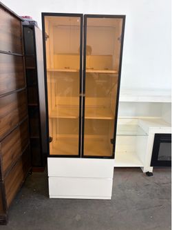 Modern Lighted Glass Display Cabinet with Two Drawers, Dining China Hutch with 3 Tiers Storage Shelves, Wooden Curio Display Showcase for Living Room