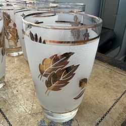 10 Vintage Libbey Glasses Gold Leaf Golden Foliage