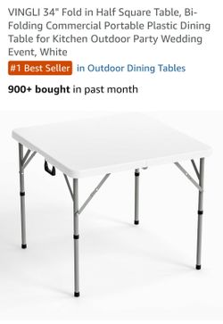 New folding 34" table! 


VINGLI 34" Fold in Half Square Table, Bi- Folding Commercial Portable Plastic Dining Table for Kitchen Outdoor Party Wedding