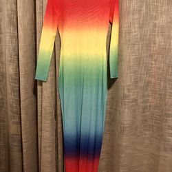 Sheer Rainbow Tye Dye Sheer Body Con Dress With FREE Rainbow Fur Wedges 