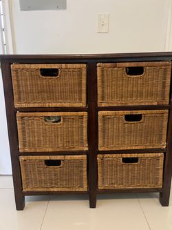 Solid Teak Storage Console with 6 Wicker Baskets