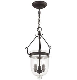 Livex Lighting 5083-07 Jefferson 3 Light Bronze Bell Jar Hanging Lantern With Seeded Glass